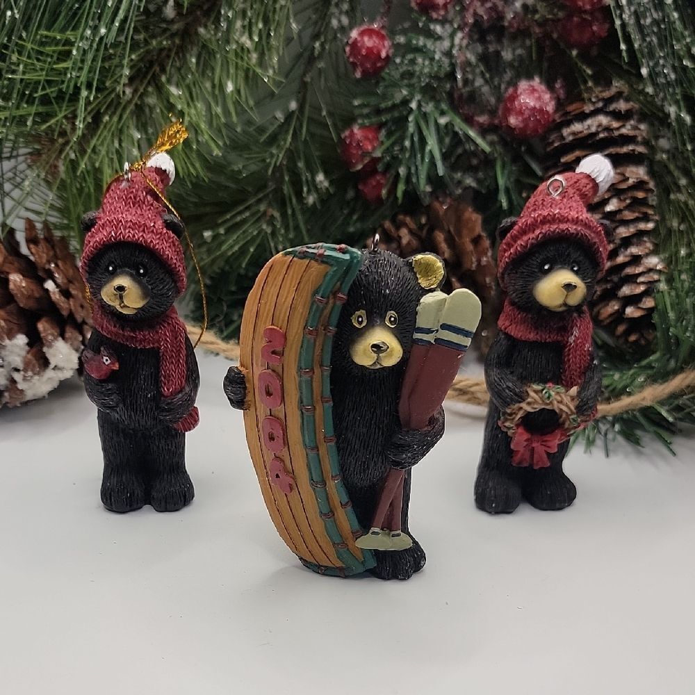 Black Bear Christmas Tree Ornaments Log Cabin Country Themed Set Of 3